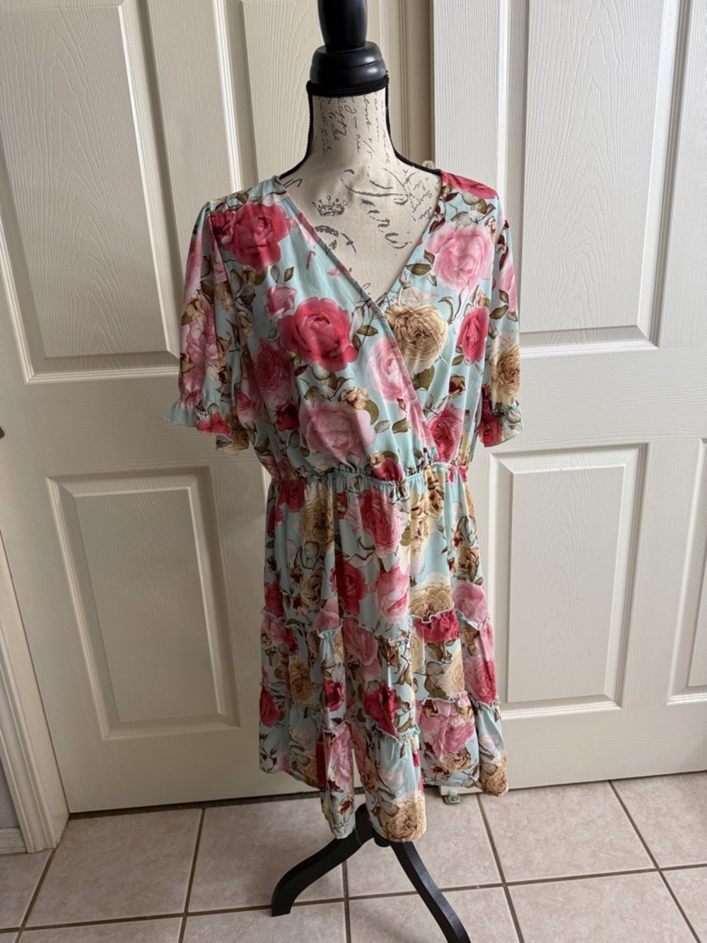 Floral V-Neck Tiered Summer Dress - Mint with Pink & Beige Roses